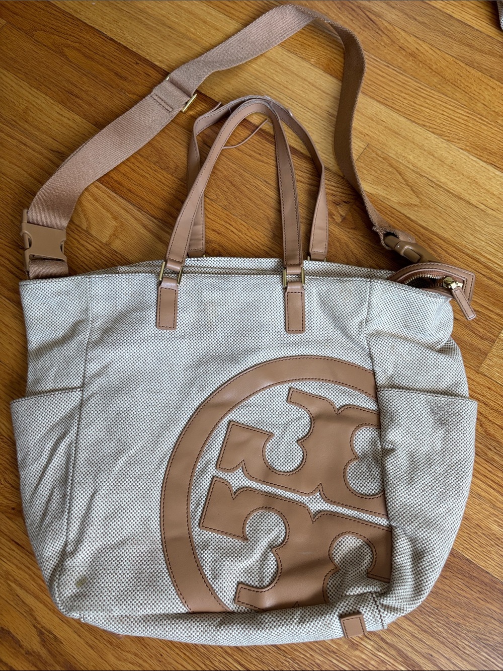 Tory Burch Beige Canvas Tote with Tan Leather Logo and Straps